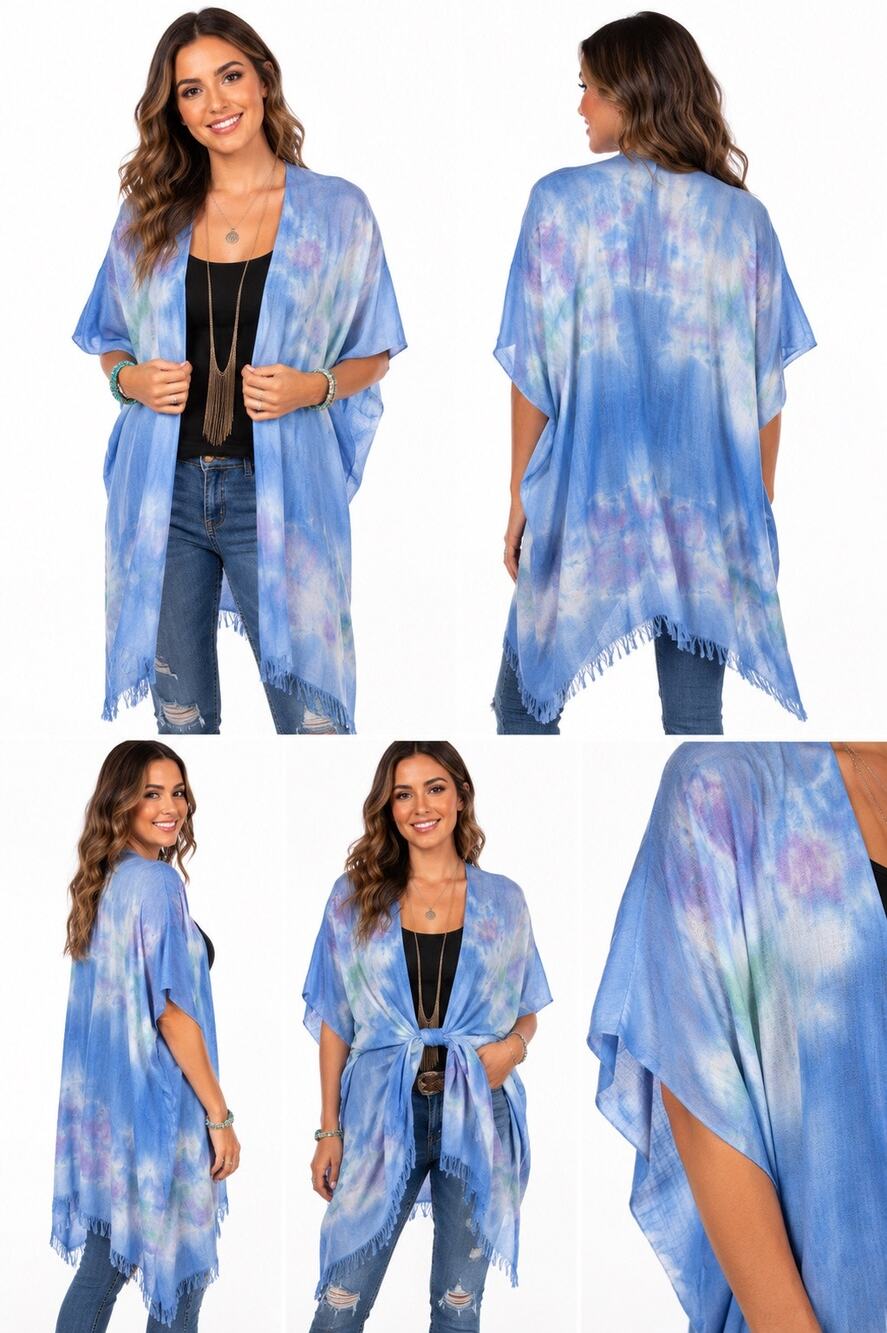 Lulla Collection by Binya Blue Tie Dye Fringed Shawl Lightweight Kimono Wrap O/S